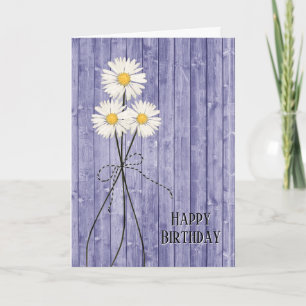 Dalias de cumpleaños en tarjeta de madera morada