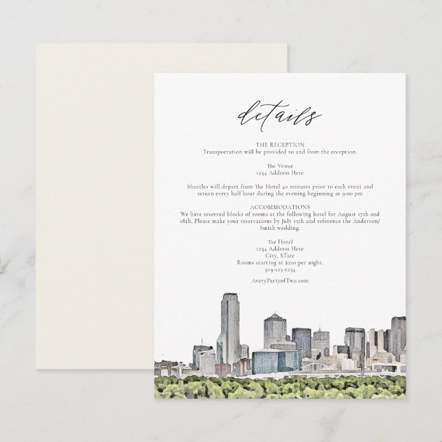 DALLAS Watercolor Skyline Boda tarjeta de detalles (Anverso / Reverso)