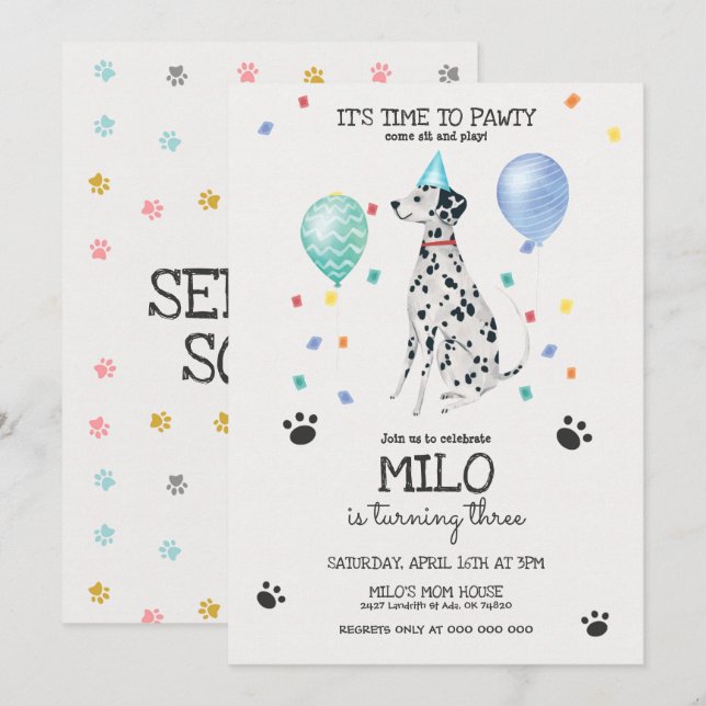 Dalmatian deja azul a la invitación de cumpleaños  (Anverso / Reverso)