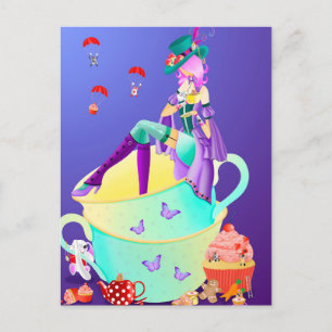Dama con sombrero en taza de té Tarjeta postal