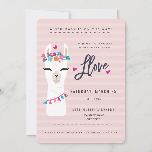 Dama de bebé rosa Lama Invitación // llama amor (Anverso)
