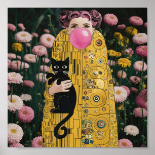Dama de Chicle Rosa con Arte de Gato de Gustav Kli