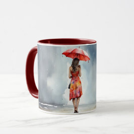 Dama de color de agua en la taza del paraguas rojo