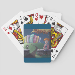 Dama de gato en el parque jugando cartas