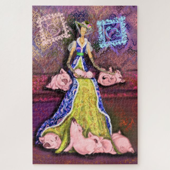 Dama de granjas y lechones Pintura de rompecabezas (Vertical)