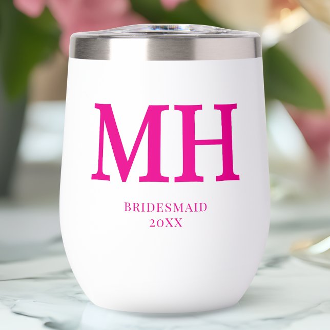 Dama de Honor Monograma Rosa Personalizado Moderno (Personalized Pink Modern Monogram Bridesmaid Thermal Wine Tumbler)