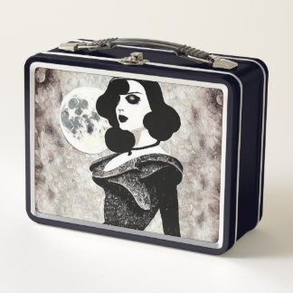 Dama de pelo negro retro vintage y luna