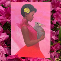 "Dama de primavera con conejo." Tarjeta de felicit