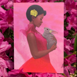 "Dama de primavera con conejo." Tarjeta de felicit