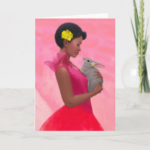 "Dama de primavera con conejo." Tarjeta de felicit