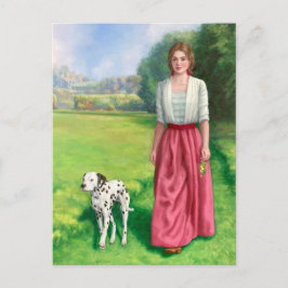 "Dama paseando con dálmata." Tarjeta postal