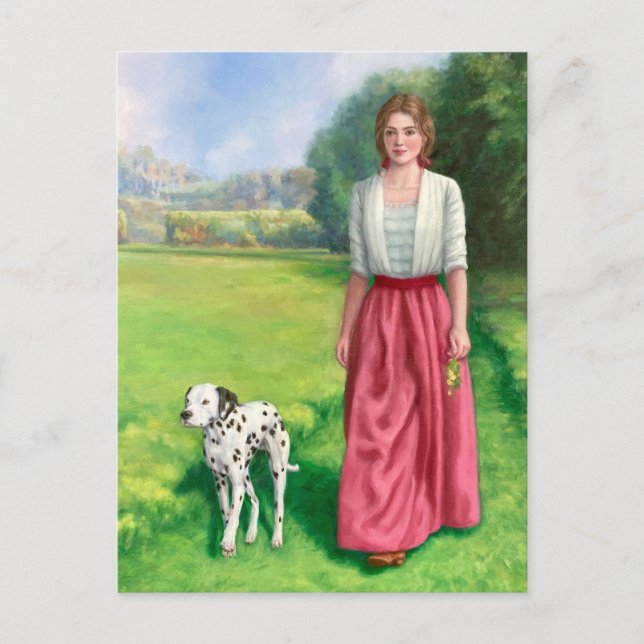 "Dama paseando con dálmata." Tarjeta postal (Anverso)