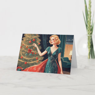 Dama retro con vestido de Bonito, árbol de Navidad