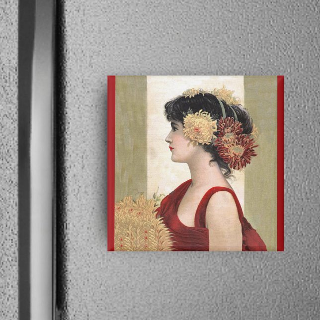 Dama romántica en el imán rojo (Pretty vintage lady red dress with flowers on hair on white, red and tan square magnet.)