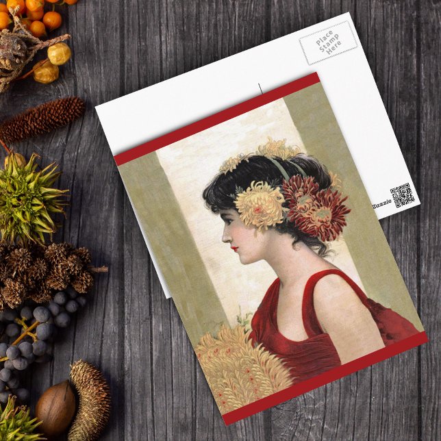 Dama romántica en postal roja (Vintage lady in red dress pretty red and yellow flowers in hair on postcard.)