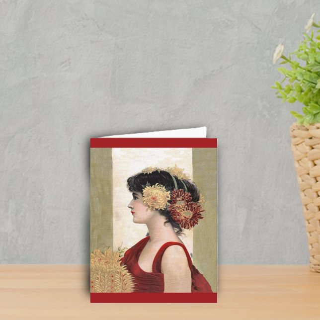 Dama romántica en tarjeta de nota roja (Vintage lady flowers in hair in red dress on gold and white note card.)