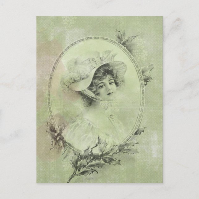 Dama victoriana en la tarjeta postal verde Gorra V (Anverso)