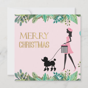 Dama vintage paseando caniche negro Feliz Navidad