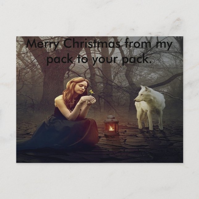 Dama y lobo alegres tarjetas de Navidad (Anverso)