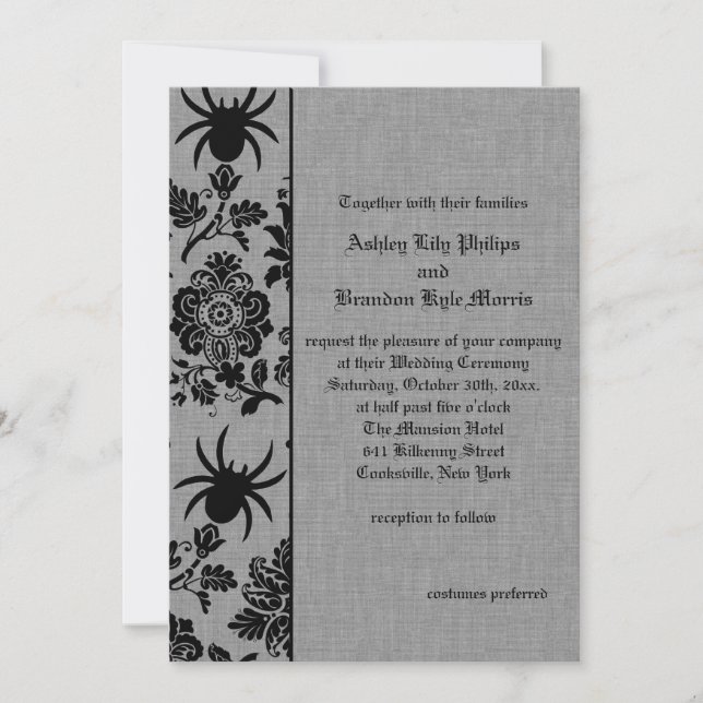 Damasco araña en invitación a la boda de lino gris (Anverso)