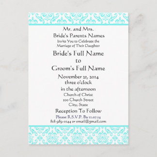 Damasco azul Aqua en la invitación a la boda blanc