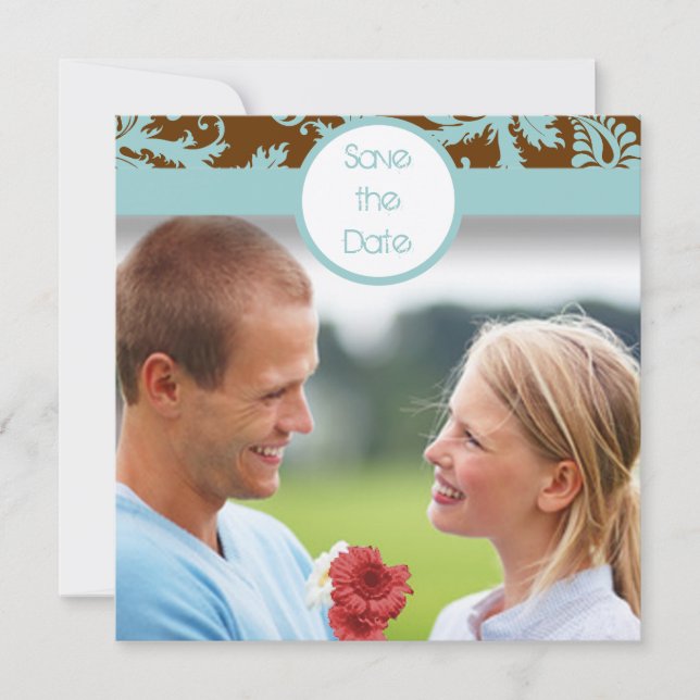 Damasco azul Aqua en la invitación a la boda marró (Anverso)