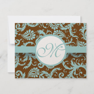 Damasco azul Aqua en la invitación a la boda marró