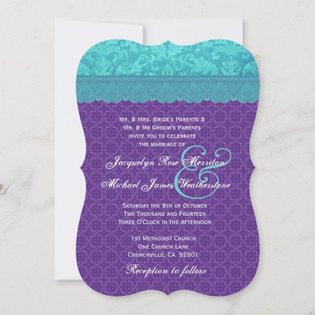 Damasco azul Aqua y plantilla de Boda púrpura A06 (Anverso)