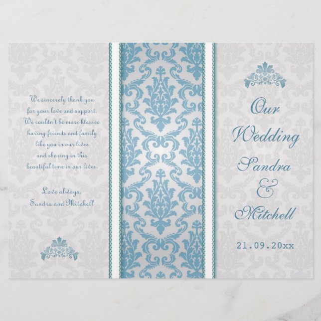 Damasco azul claro en el programa de boda de plata (Anverso)