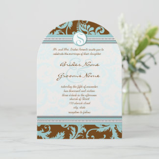 Damasco azul en la invitación a la boda marrón