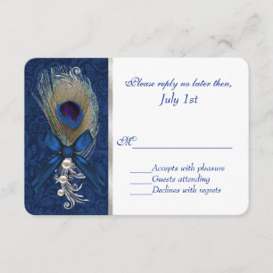 Damasco azul y bodas de plumas de pavo real RSVP