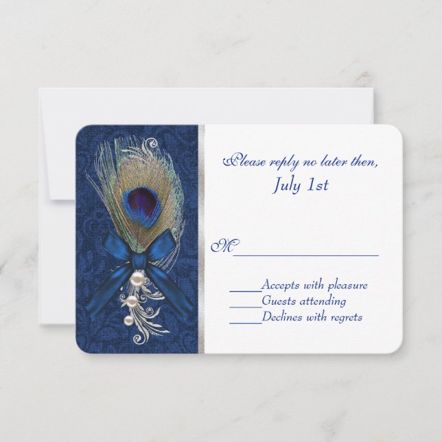 Damasco azul y bodas de plumas de pavo real RSVP (Anverso)