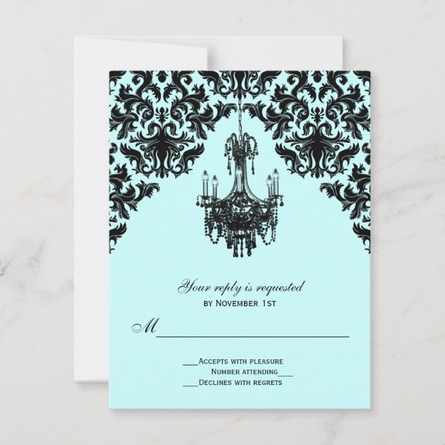 Damasco azul y negro con tarjeta RSVP de candelabr (Anverso)