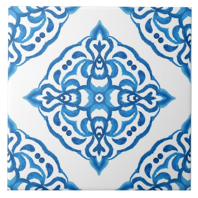 Damasco blanco azul de Azulejo Mediterráneo (Frente)