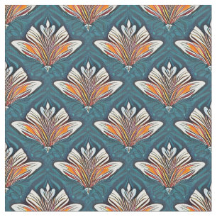 Damasco blanco y naranja sobre la tela azul