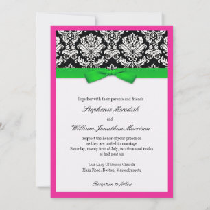 Damasco con invitación a la boda verde y rosa