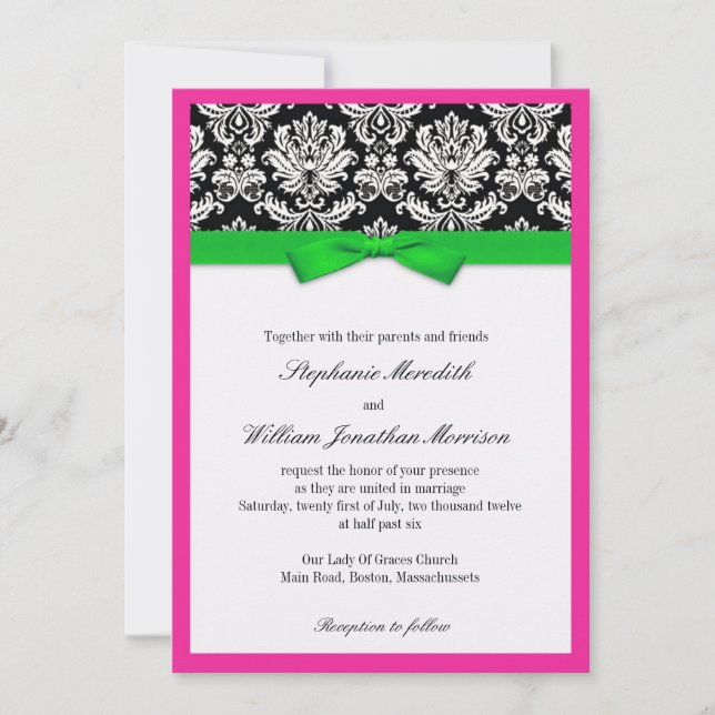 Damasco con invitación a la boda verde y rosa (Anverso)