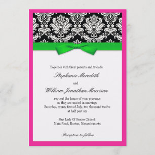 Damasco con invitación a la boda verde y rosa
