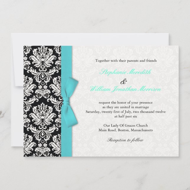 Damasco Con Invitación De Boda Turquesa (Anverso)
