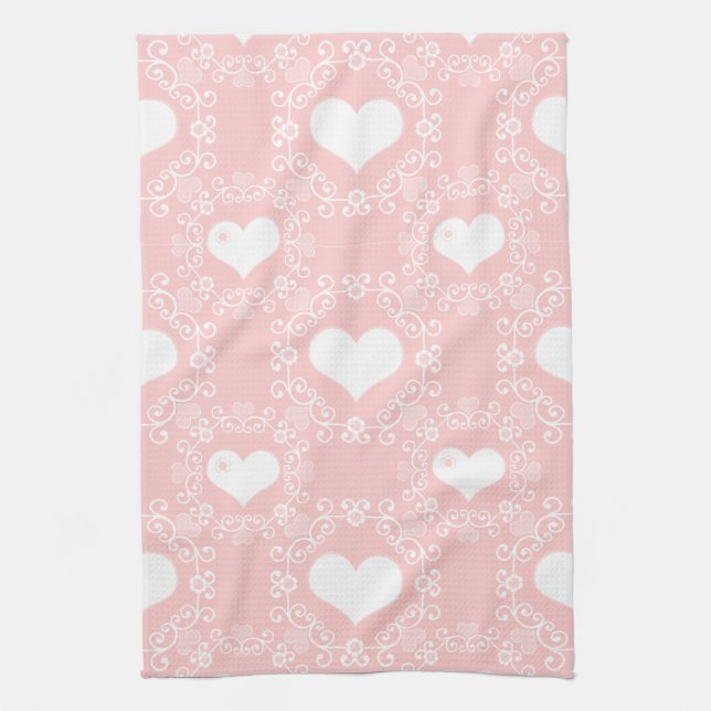 Damasco de corazón blanco sobre toallas de té rosa (Vertical)