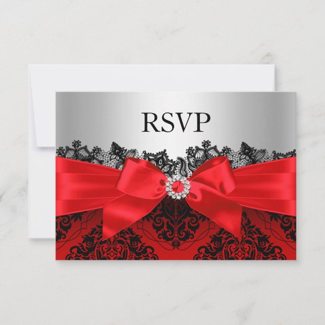 Damasco de encaje rojo y Bow RSVP (Anverso)
