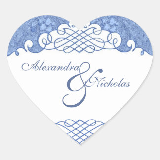 Damasco floral azul y pegatinas de casamiento de d