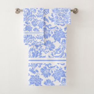 Damasco floral blanco y azul en polvo