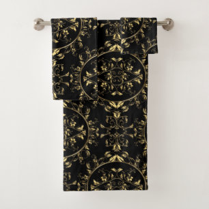 Damasco floral del oro en sistema negro de la