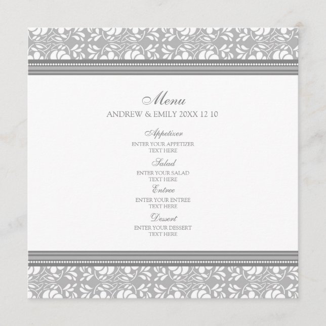 Damasco floral gris del menú de la boda (Anverso)
