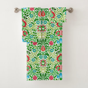 Damasco floral jacobeo, rojo verde y coral