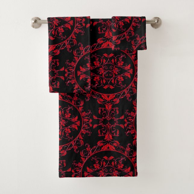 Damasco floral rojo festivo en sistema negro de la (In situ)