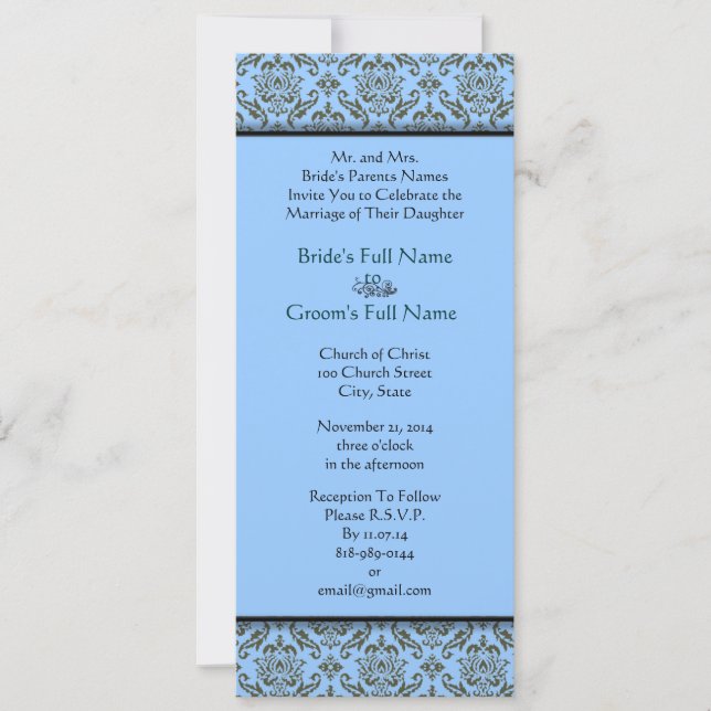 Damasco Gris En Invitación A La Boda Azul Aqua (Anverso)