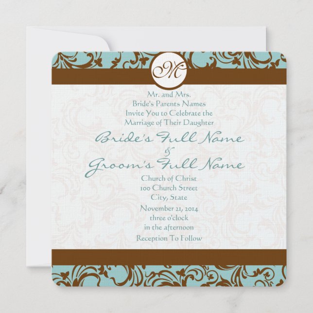 Damasco marrón en la invitación a la boda profunda (Anverso)