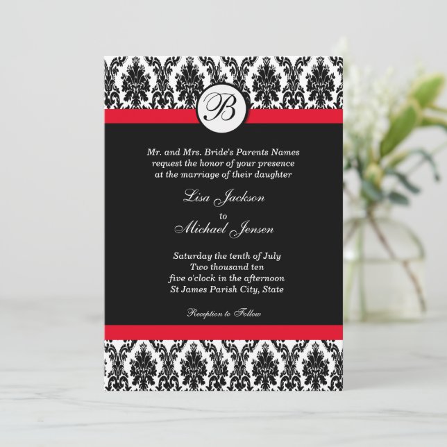 Damasco monogramado con invitación a la boda roja (Anverso de pie)